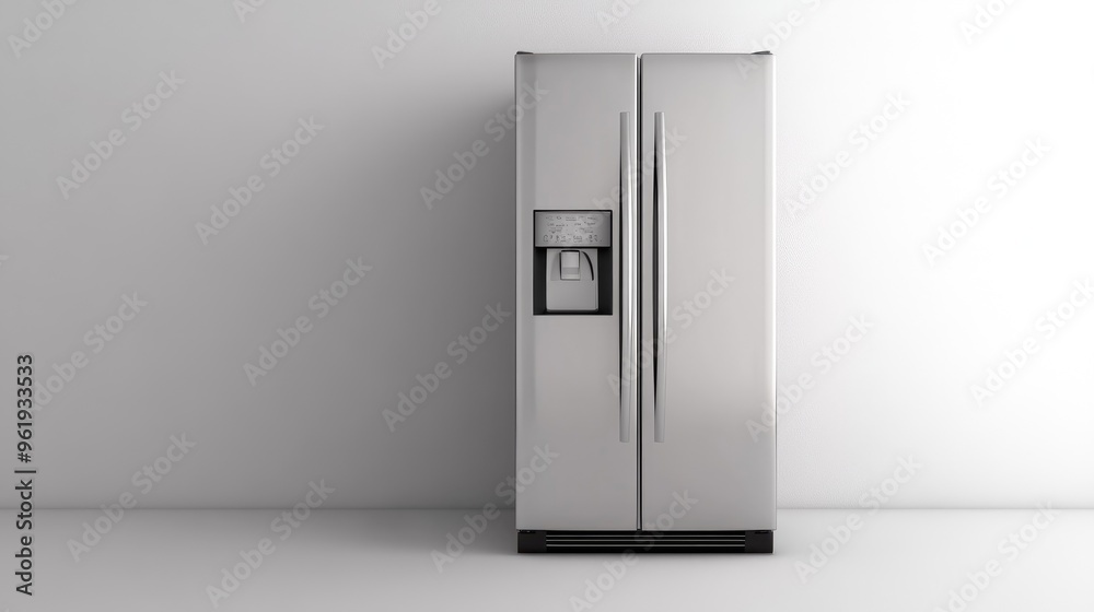 Efficient and elegant silver refrigerator, showcased on a white background, ideal for preserving food in a contemporary kitchen Efficient and elegant silver refrigerator, showcased on a white background, ideal for preserving food in a contemporary kitchen