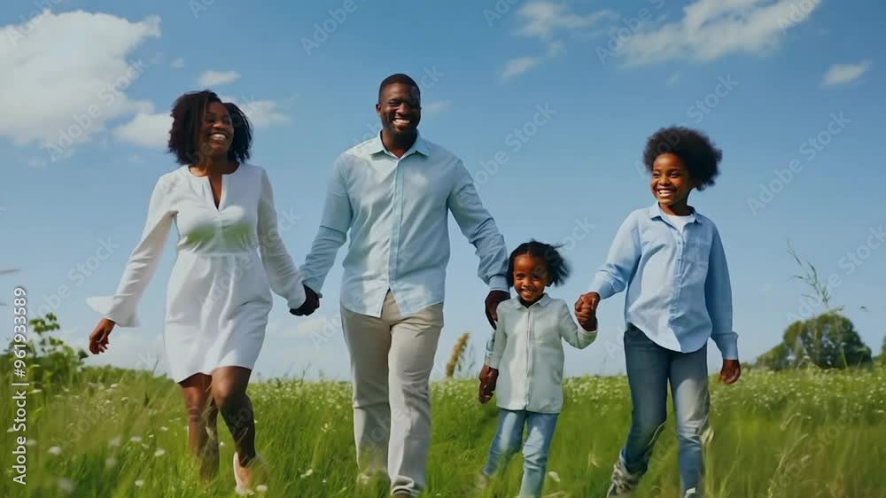 Happy black family parents and children walking on a green field Happy black family parents and children walking on a green field