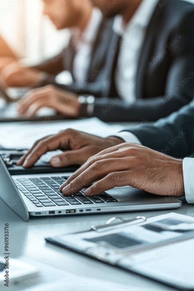 A man is typing on a laptop in front of a white desk A man is typing on a laptop in front of a white desk