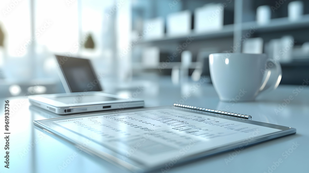 Fototapeta premium 3D Glossy Desktop with Marketing Calendar and Digital Tools Concept - Close-Up of Organized Workspace for Marketing Officers with Reflective Surface