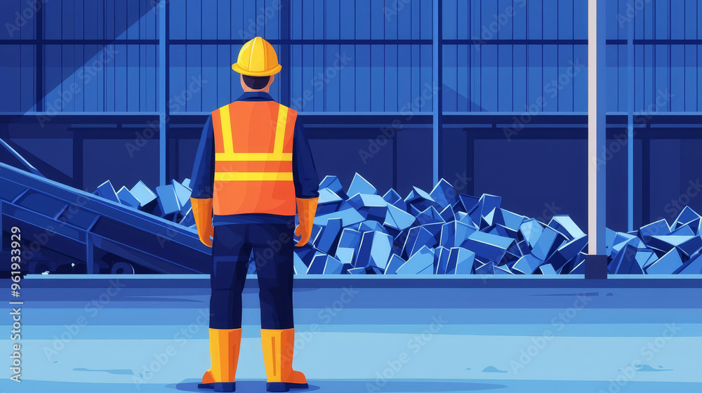 Obraz premium Worker in metal recycling plant, safety vest and boots, flat design illustration