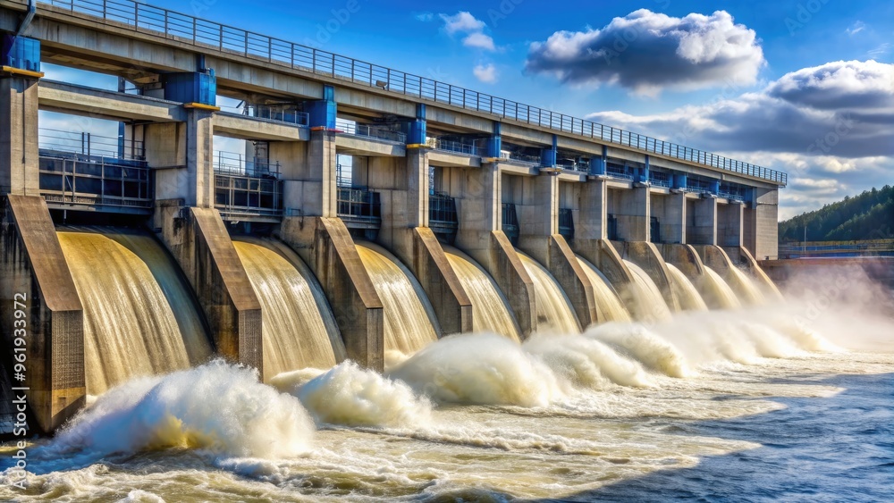 Close-up of a dam's turbine in action, water rushing through to produce electricity, highlighting the power of sustentation Close-up of a dam's turbine in action, water rushing through to produce electricity, highlighting the power of sustentation