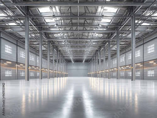 A large, empty warehouse with steel beams and white floors, illuminated by bright lights.