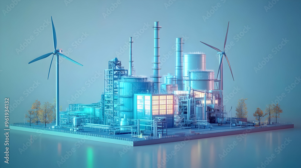 Fototapeta premium 3D Glossy Factory and Wind Turbine Concept with Holographic Emission Levels & Energy Data - High Angle Shot on White Background for Industrial Sustainability