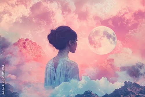 A Woman Gazing at a Full Moon in a Dreamy Landscape