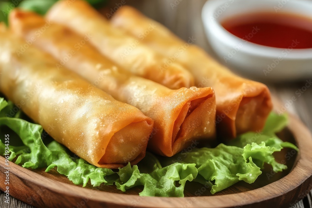 Spring roll with soy sauce lettuce and fried Spring roll with soy sauce lettuce and fried
