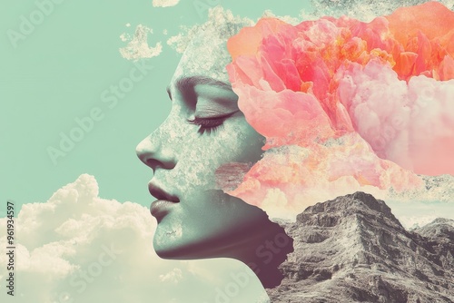 Abstract Collage of a Woman's Face with Flower and Mountains