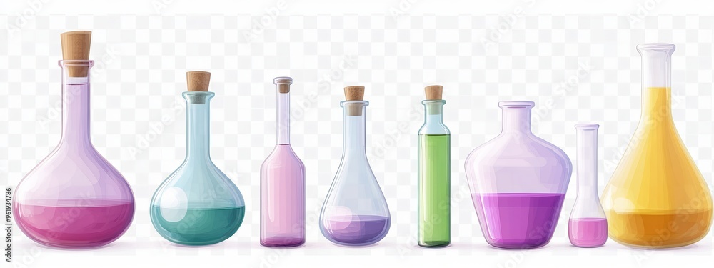 Realistic 3D glasses, flasks, beakers and other laboratory measuring equipment. Illustrations of modern laboratory equipment for science experiments. Realistic 3D glasses, flasks, beakers and other laboratory measuring equipment. Illustrations of modern laboratory equipment for science experiments.