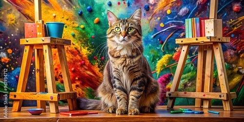 Adorable, whiskered feline sits amidst vibrant, abstract expressionist artwork, surrounded by paint-splattered canvases, brushes, and colorful easels, exuding creative curiosity and playfulness. photo