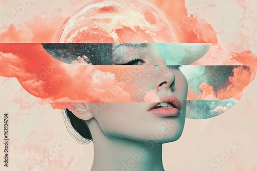 Abstract Collage of a Woman's Face with Celestial Elements