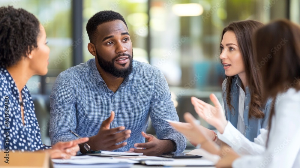 A group of people are sitting around a table, talking to each other A group of people are sitting around a table, talking to each other