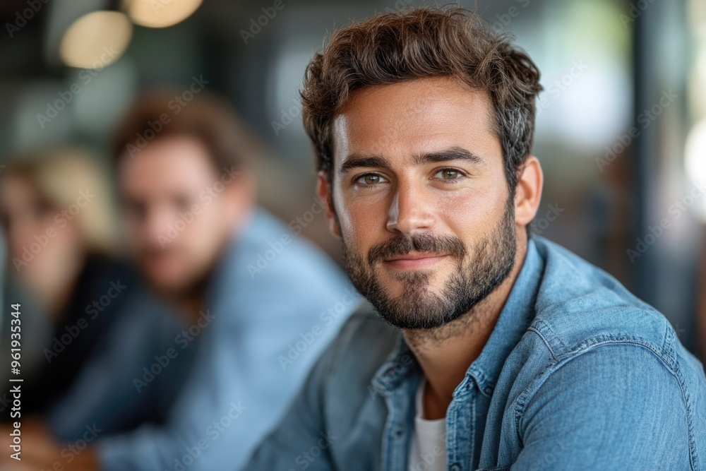 A man with a beard and a smile is sitting in a room with other people A man with a beard and a smile is sitting in a room with other people