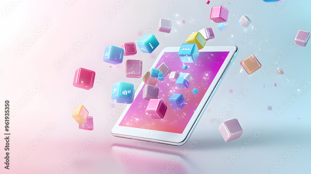 3D Glossy Tablet with Holographic Product Icons and Customer Reviews - Ideal for E-commerce & Product Marketing on White Background 3D Glossy Tablet with Holographic Product Icons and Customer Reviews - Ideal for E-commerce & Product Marketing on White Background