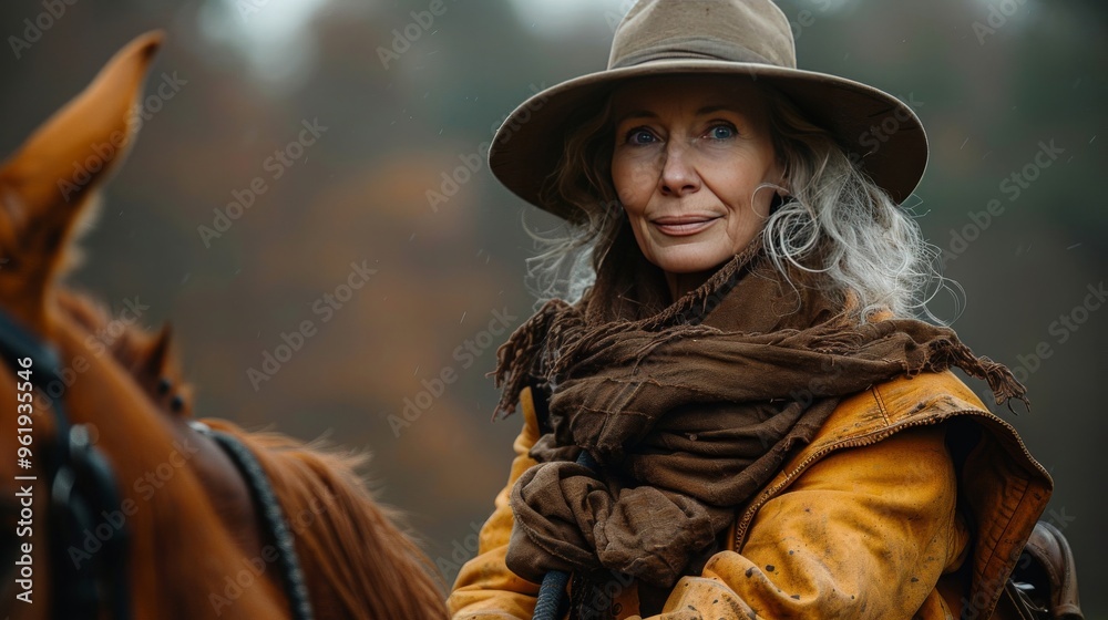 Naklejka premium Portrait of a Woman Riding a Horse in Autumn