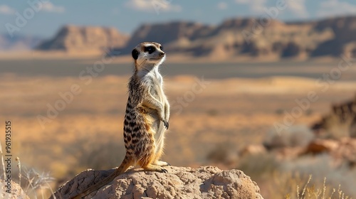 Curious meerkat standing on lookout, desert backdrop: A meerkat stands on its hind legs, surveying the desert landscape with keen eyes, ever watchful and alert for any sign of danger. 