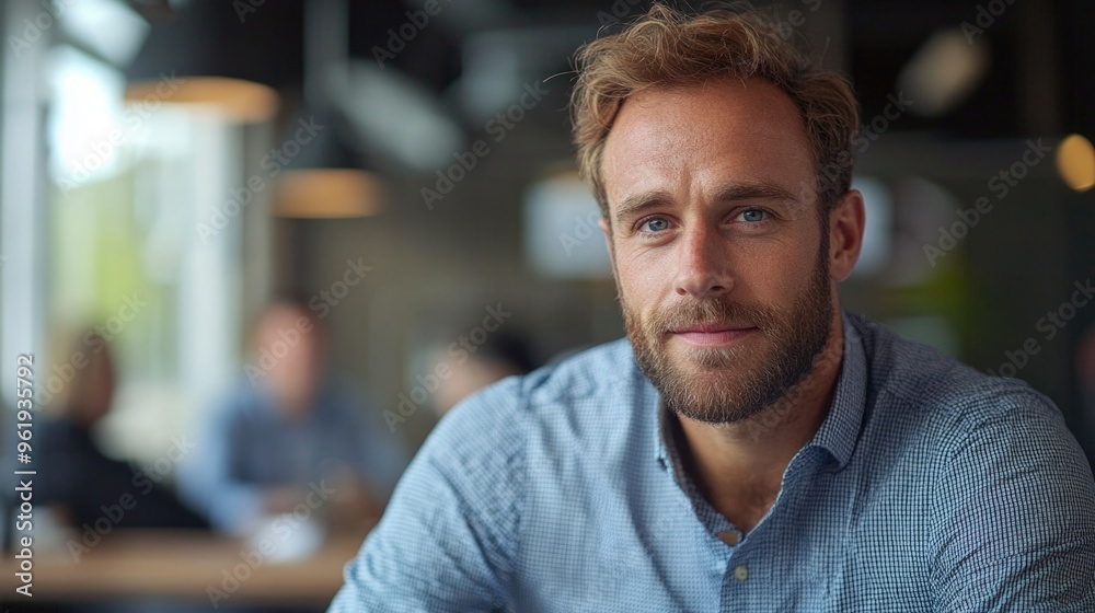 Obraz premium A man with a beard and a blue shirt is smiling at the camera