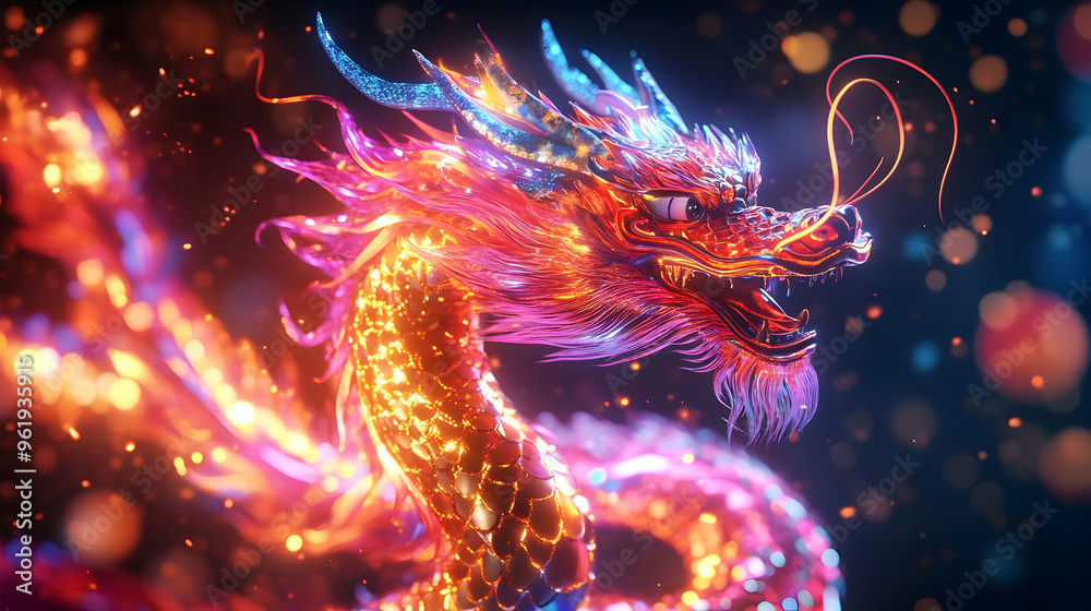 3D Glowing Abstract Dragon Dance: Vibrant Representation of Traditional Mid-Autumn Festival with Swirling Lights & Energetic Movement - Wide Shot Icon 3D Glowing Abstract Dragon Dance: Vibrant Representation of Traditional Mid-Autumn Festival with Swirling Lights & Energetic Movement - Wide Shot Icon