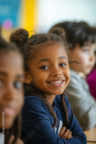 Fröhliche, diverse Schulkinder im Unterricht. Multikulturelle Klasse, positive Lernatmosphäre. Inklusion, Bildung. Authentische Interaktion. Heller Klassenraum. Lifestyle, Zukunft