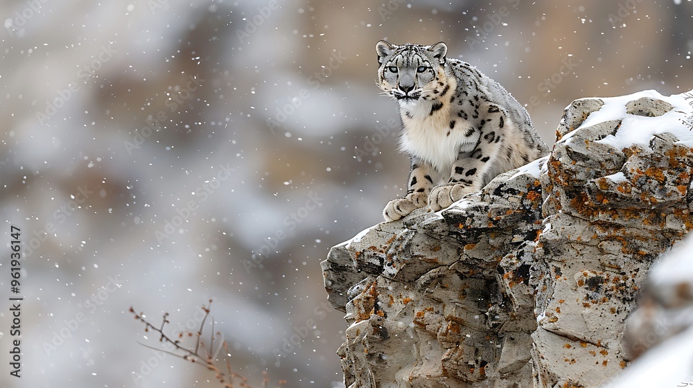 Elusive snow leopard perched on Himalayan cliff: A snow leopard, elusive and stealthy, perches on a rocky cliff in the Himalayas, its thick coat blending with the snow-covered terrain. Elusive snow leopard perched on Himalayan cliff: A snow leopard, elusive and stealthy, perches on a rocky cliff in the Himalayas, its thick coat blending with the snow-covered terrain.
