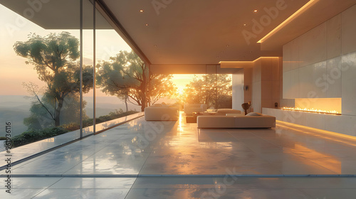 Modern Minimalist Living Room with Sunset View 3D Illustration