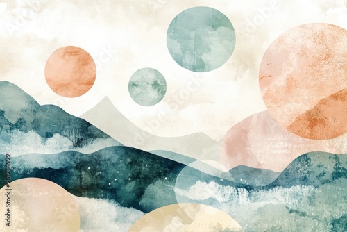 Abstract Watercolor Landscape with Circles and Mountains
