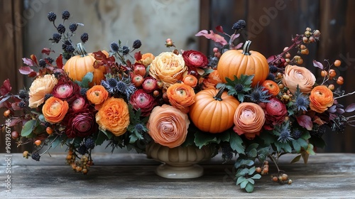 autumn floral arrangement pumpkins and fall foliage rustic elegance warm color palette seasonal centerpiece photo