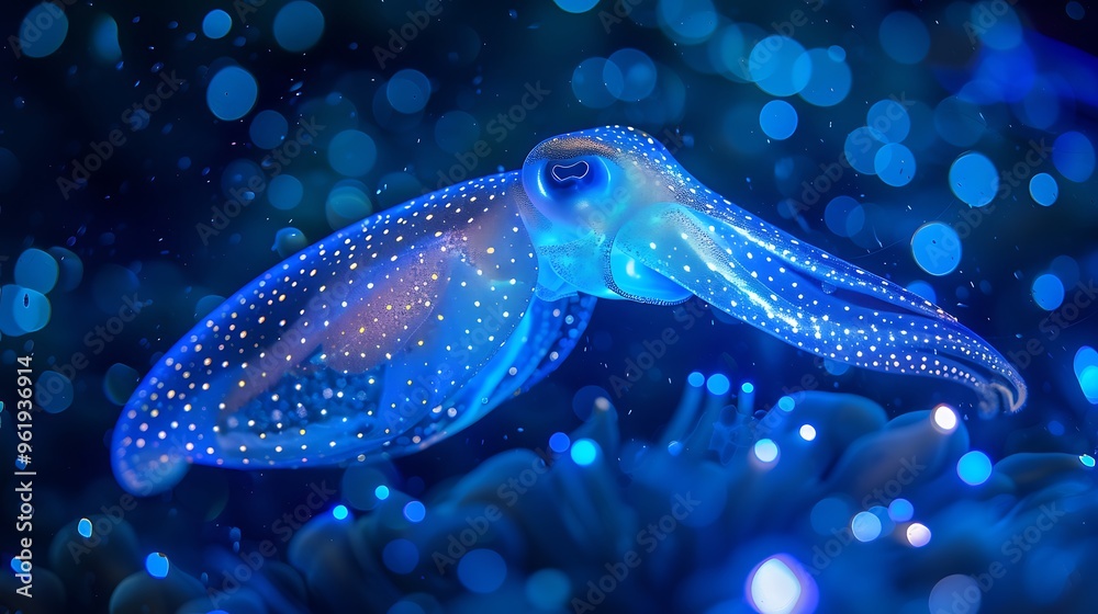 Fototapeta premium Bioluminescent firefly squid in deep ocean, night scene: A bioluminescent firefly squid illuminates the dark depths of the ocean, its glowing body casting an eerie blue light in the surrounding 