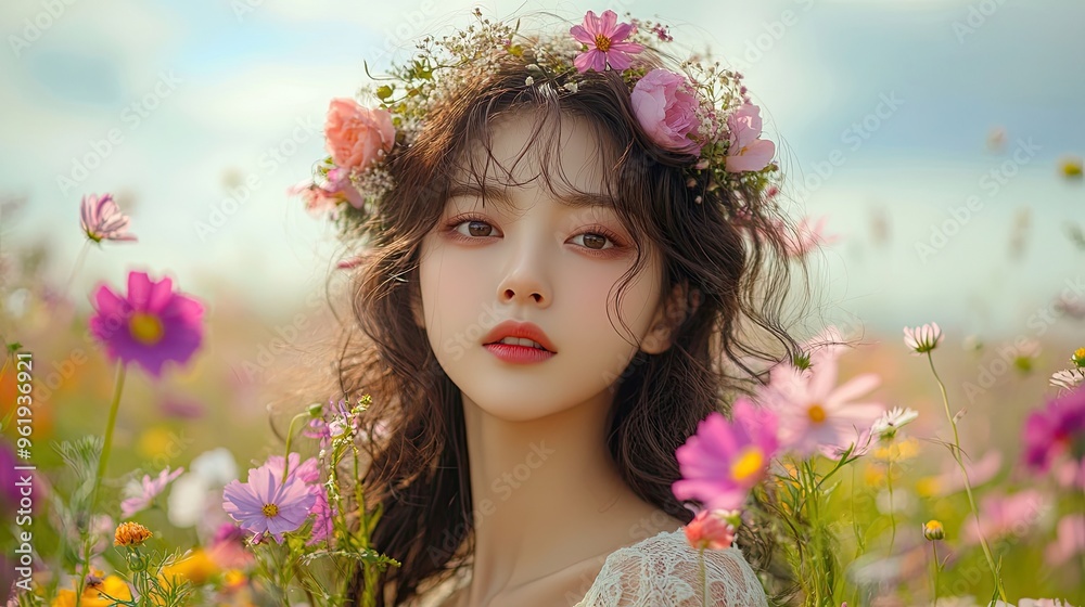 49. A portrait of a Korean K-pop singer with a romantic, dreamy look, styled with soft curls and wearing a floral crown, standing in a field of wildflowers with a pastel-colored sky in the 49. A portrait of a Korean K-pop singer with a romantic, dreamy look, styled with soft curls and wearing a floral crown, standing in a field of wildflowers with a pastel-colored sky in the