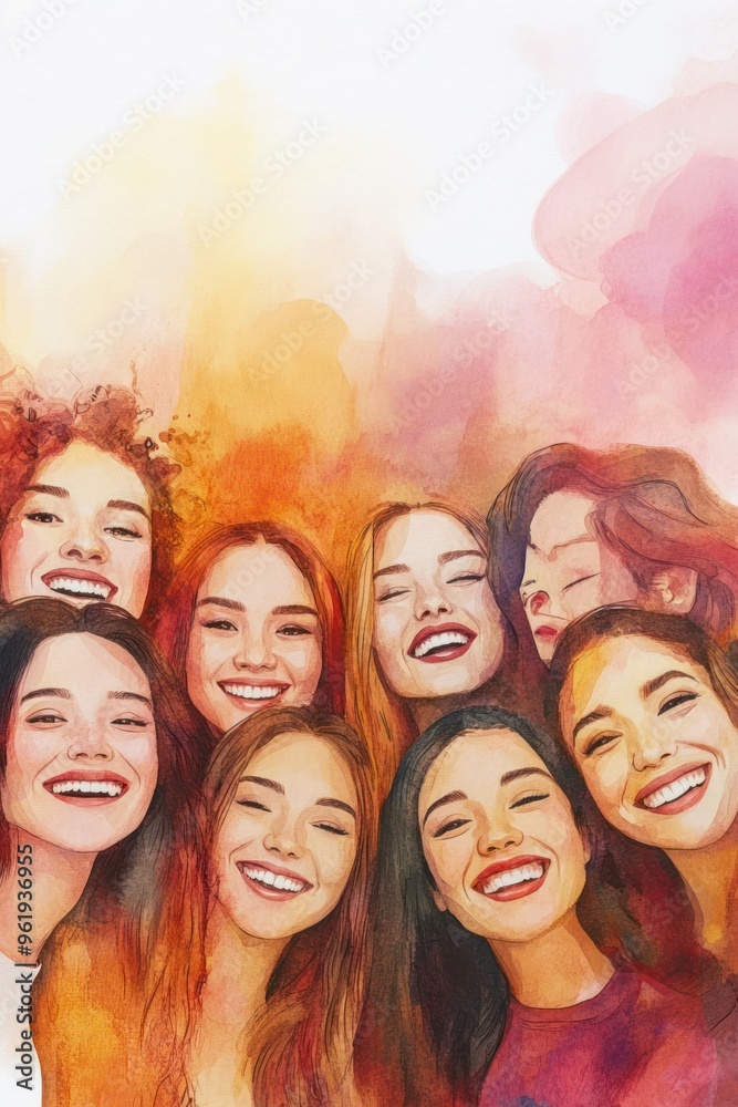 Fototapeta premium Happy women in group with warm watercolor effects