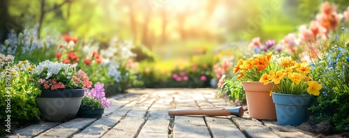 Blooming Garden Path: Colorful Flowers in Pots with a Gardening Tool on a Wooden Walkway, Summer Landscape