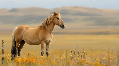 Majestic Przewalski's horse on Mongolian steppes: A majestic Przewalski's horse stands proudly on the vast Mongolian steppes, its wild mane blowing in the wind as it gazes out over the rugged  photo