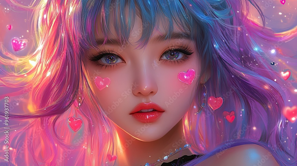 39. A portrait of a Korean K-pop singer in anime style with a playful, whimsical design, featuring bright, colorful hair and a trendy outfit, surrounded by animated, floating hearts and stars for a 39. A portrait of a Korean K-pop singer in anime style with a playful, whimsical design, featuring bright, colorful hair and a trendy outfit, surrounded by animated, floating hearts and stars for a