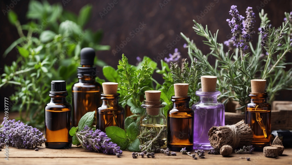 Assortment of Essential Oil Bottles with Fresh Plants