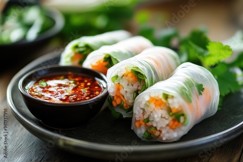 Spring rolls with sweet chili dip photo