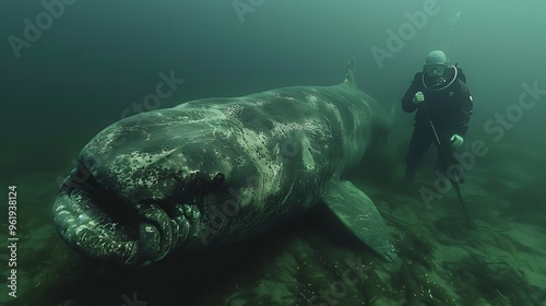 Massive Greenland shark in deep Arctic waters: A massive Greenland shark swims slowly through the deep, icy waters of the Arctic, its ancient and mysterious presence evoking awe and wonder. 