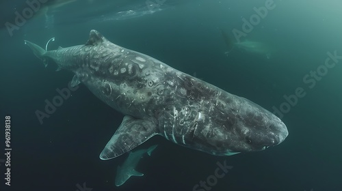 Massive Greenland shark in deep Arctic waters: A massive Greenland shark swims slowly through the deep, icy waters of the Arctic, its ancient and mysterious presence evoking awe and wonder. 