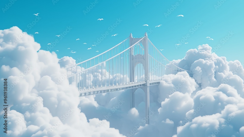 Fototapeta premium A serene 3D rendering of a white suspension bridge rising majestically through fluffy white clouds against a bright blue sky. The image evokes a sense of tranquility, dreamlike journeys, and endless