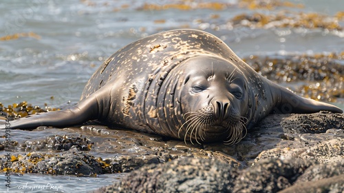 Massive elephant seal lounging on rocky shore: A massive elephant seal lounges lazily on a rocky shore, its blubbery body soaking up the sun as it rests after a long swim. 