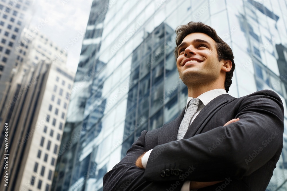 A man in a suit and tie is smiling and looking up at the sky A man in a suit and tie is smiling and looking up at the sky