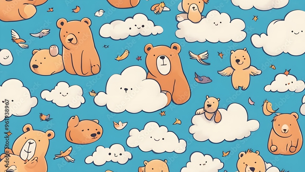 Obraz premium Cute Cartoon Bears Flying in Clouds Seamless Pattern