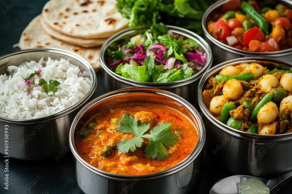 Stainless steel Indian veg lunch box for office with dal fry chole masala rice chapati salad Stainless steel Indian veg lunch box for office with dal fry chole masala rice chapati salad