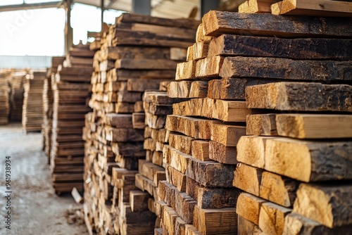 Stacked wooden piles drying in warehouse for industrial construction materials