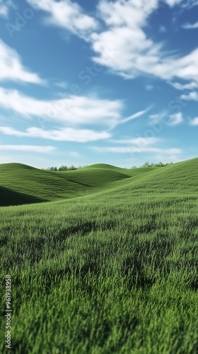 Green grass in hills and blue-sky view, nature outdoor environment story background