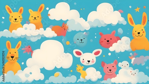 Wallpaper Mural Cute Animals on Clouds Cartoon Illustration Torontodigital.ca