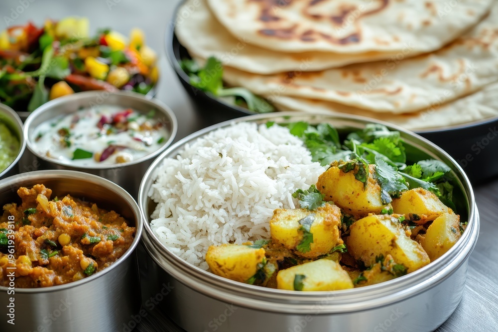Stainless steel lunch box with North Indian or Maharashtrian food menu including roti dal tadka rice vegetable sabji and salad focus on food selection