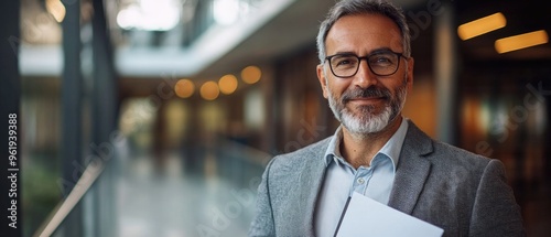 A man in a suit and glasses is smiling and holding a white piece of paper