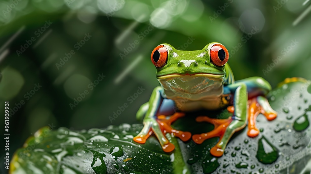 Fototapeta premium Red-eyed tree frog on tropical leaf, vivid colors: A red-eyed tree frog clings to a tropical leaf, its vivid green and orange colors standing out against the lush greenery of the rainforest. 