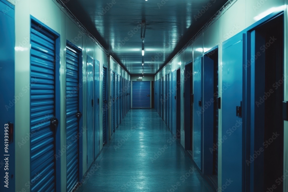 Storage facility with endless blue doors in a lengthy aisle Storage facility with endless blue doors in a lengthy aisle