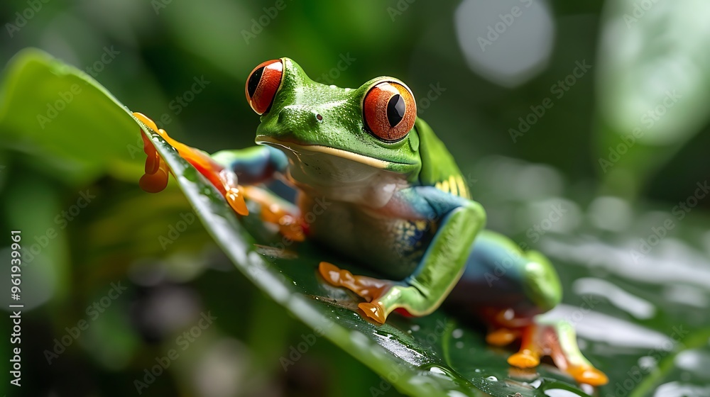 Fototapeta premium Red-eyed tree frog on tropical leaf, vivid colors: A red-eyed tree frog clings to a tropical leaf, its vivid green and orange colors standing out against the lush greenery of the rainforest. 