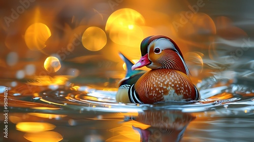 Colorful mandarin duck swimming in tranquil pond: A colorful mandarin duck swims gracefully in a tranquil pond, its vibrant plumage reflecting in the calm water, creating a scene of natural 